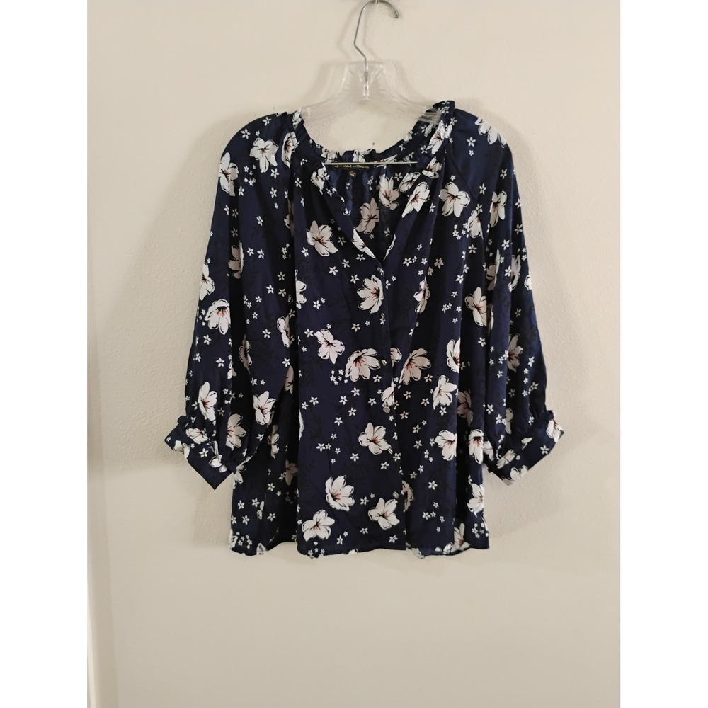 Adrienne Vittadini Navy Blue Floral Ruffle Neck Blouse XL